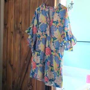 Vibrant Blue, white, yellow, pink flowery dress with flowy sleeves Large